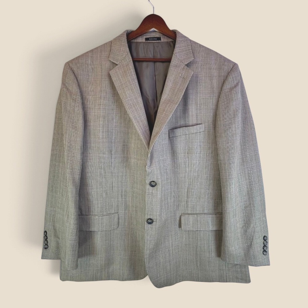 Vintage Glen Plaid Blazer Joseph & Feiss 50R Tan Brown 100% Wool Overcheck Ivy